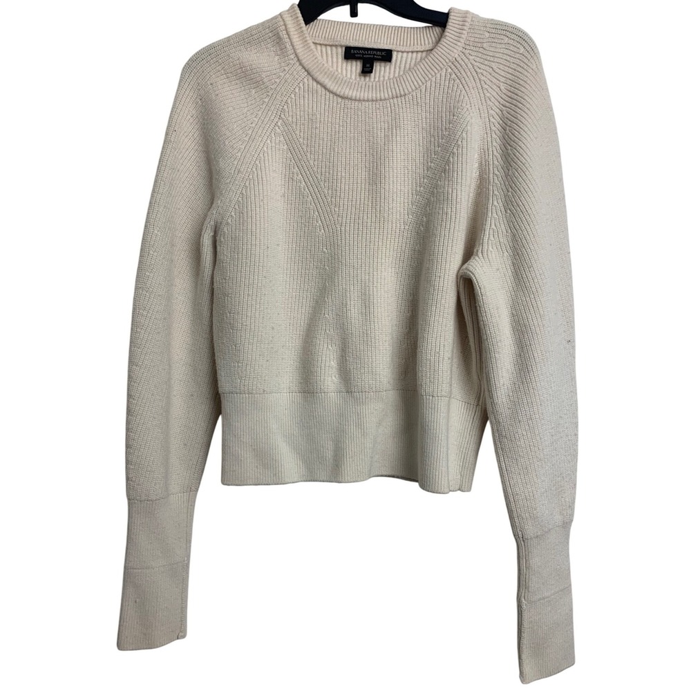Banana Republic Cream 100% Merino Wool Ribbed Crewneck Sweater Size M‎